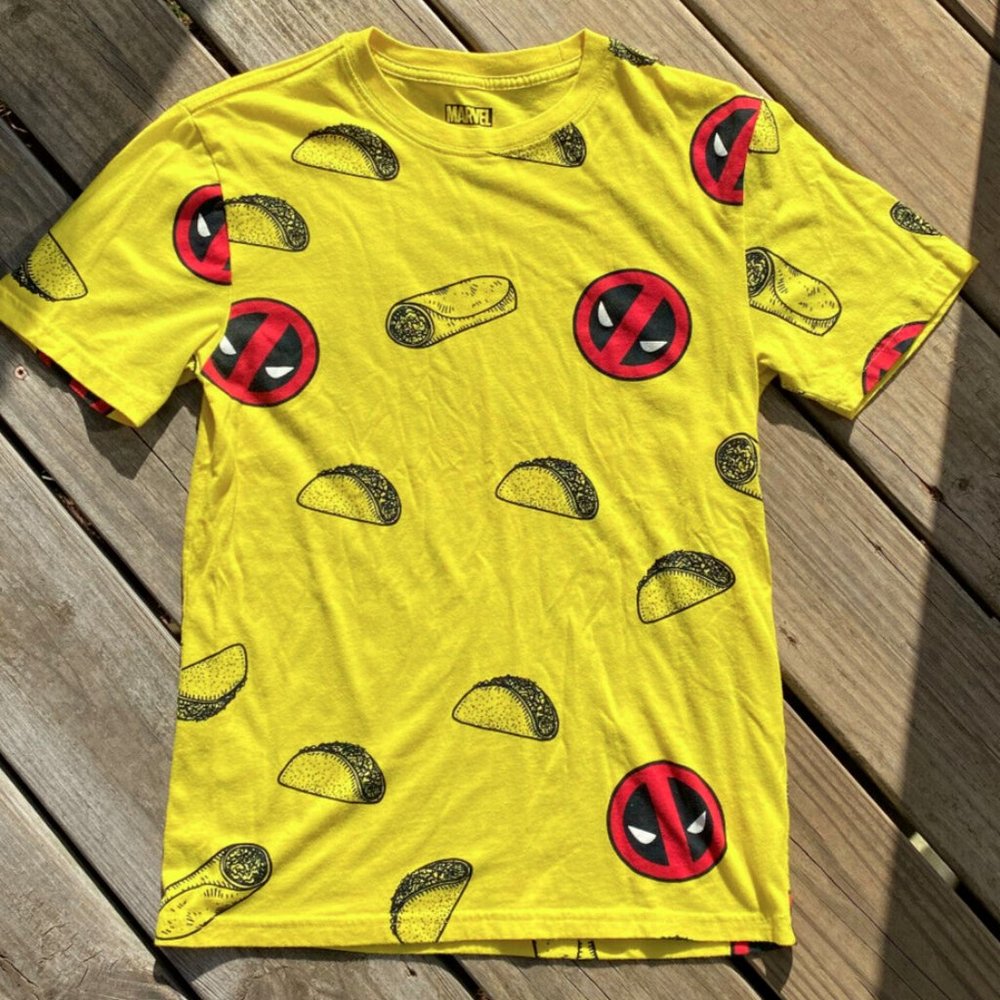 DEADPOOL & TACOS Marvel Unisex Small Yellow T-shirt
